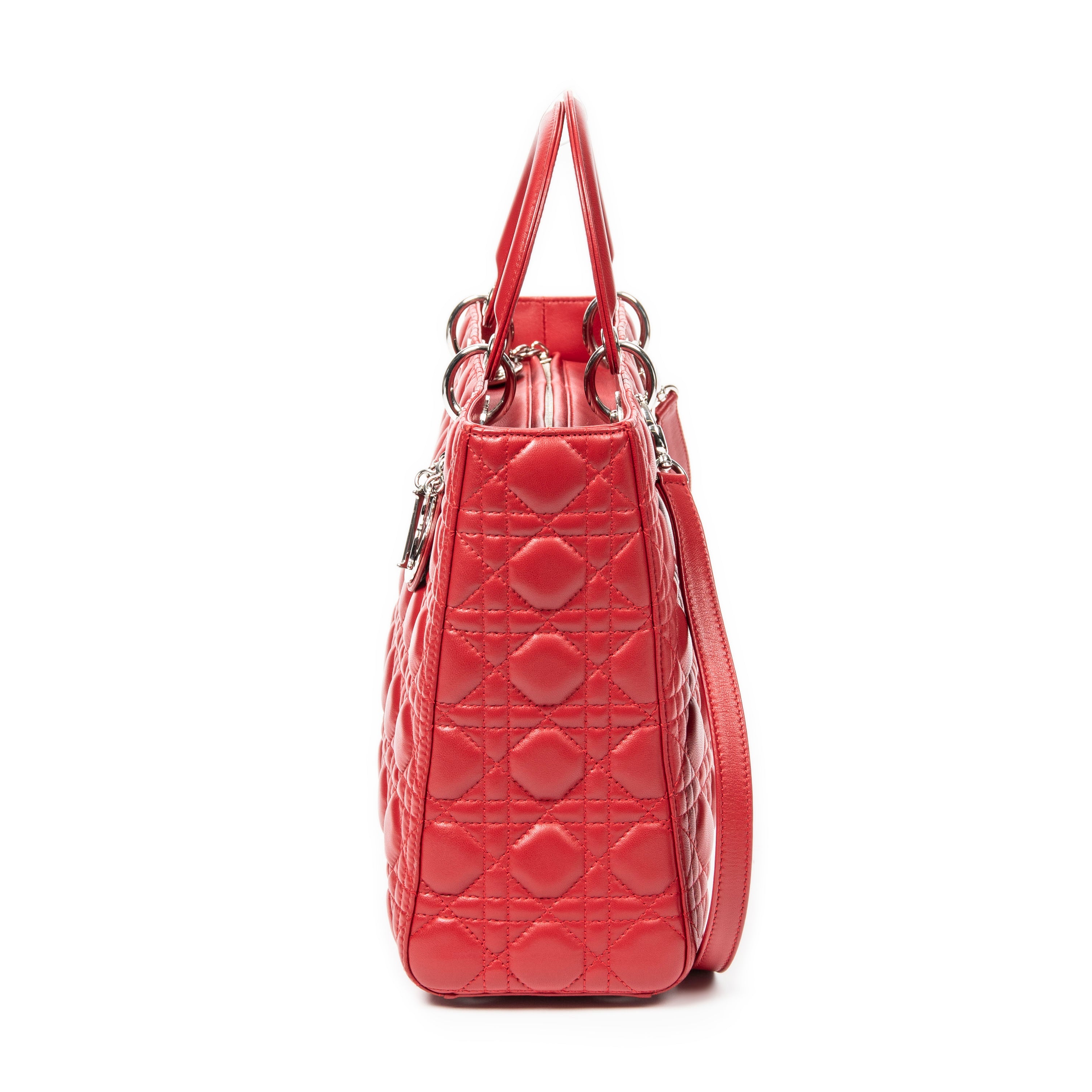 Bolso de hombro grande Lady Dior Zip de piel de cordero roja Cannage