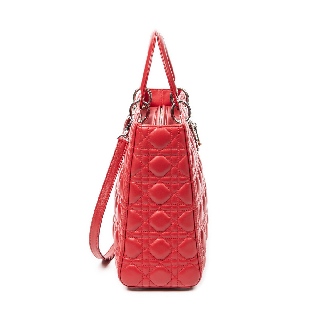 Bolso de hombro grande Lady Dior Zip de piel de cordero roja Cannage