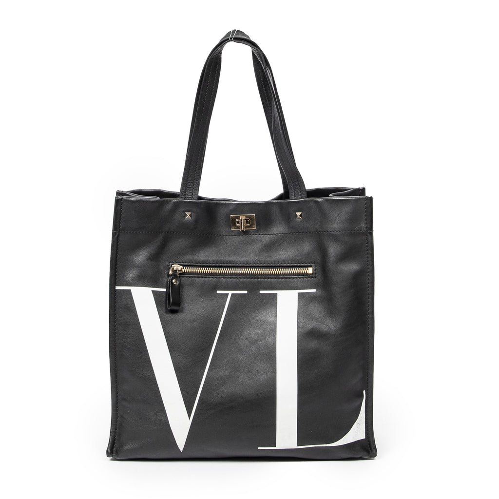 Shoulder Bag VLTN Turn Lock Vertical Tote Black Logo Print Calfskin Leather