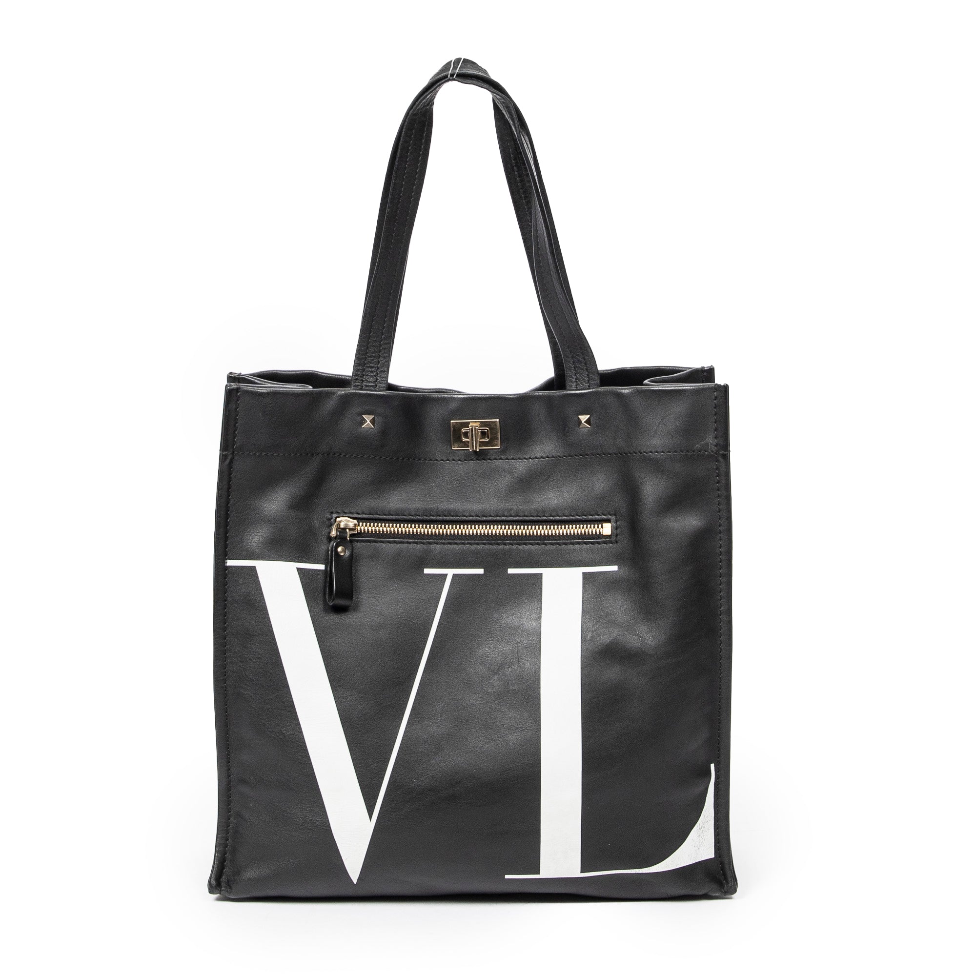 Shoulder Bag VLTN Turn Lock Vertical Tote Black Logo Print Calfskin Leather