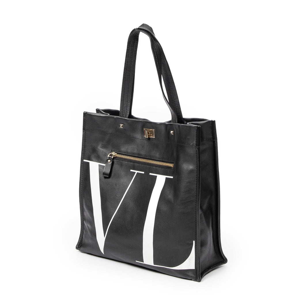 Shoulder Bag VLTN Turn Lock Vertical Tote Black Logo Print Calfskin Leather