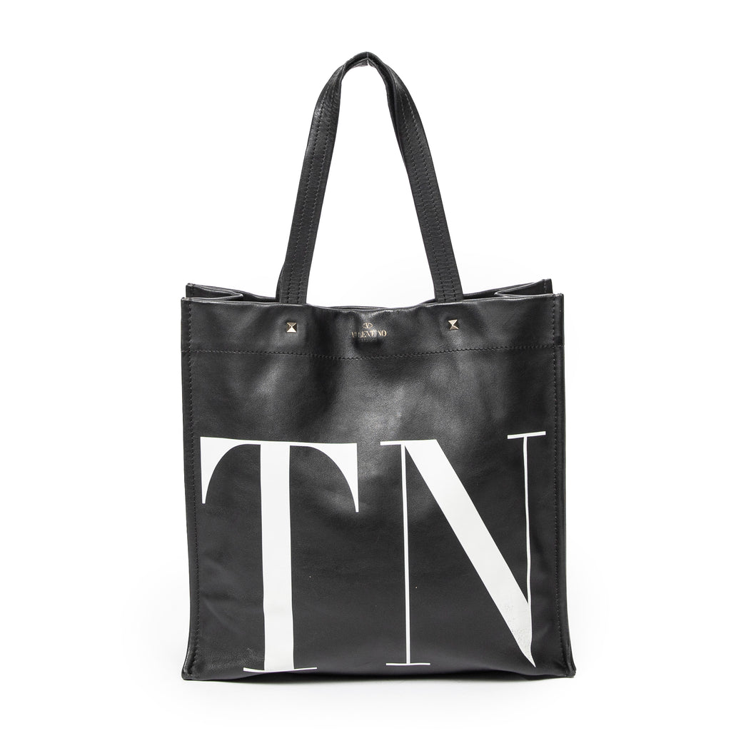 Shoulder Bag VLTN Turn Lock Vertical Tote Black Logo Print Calfskin Leather