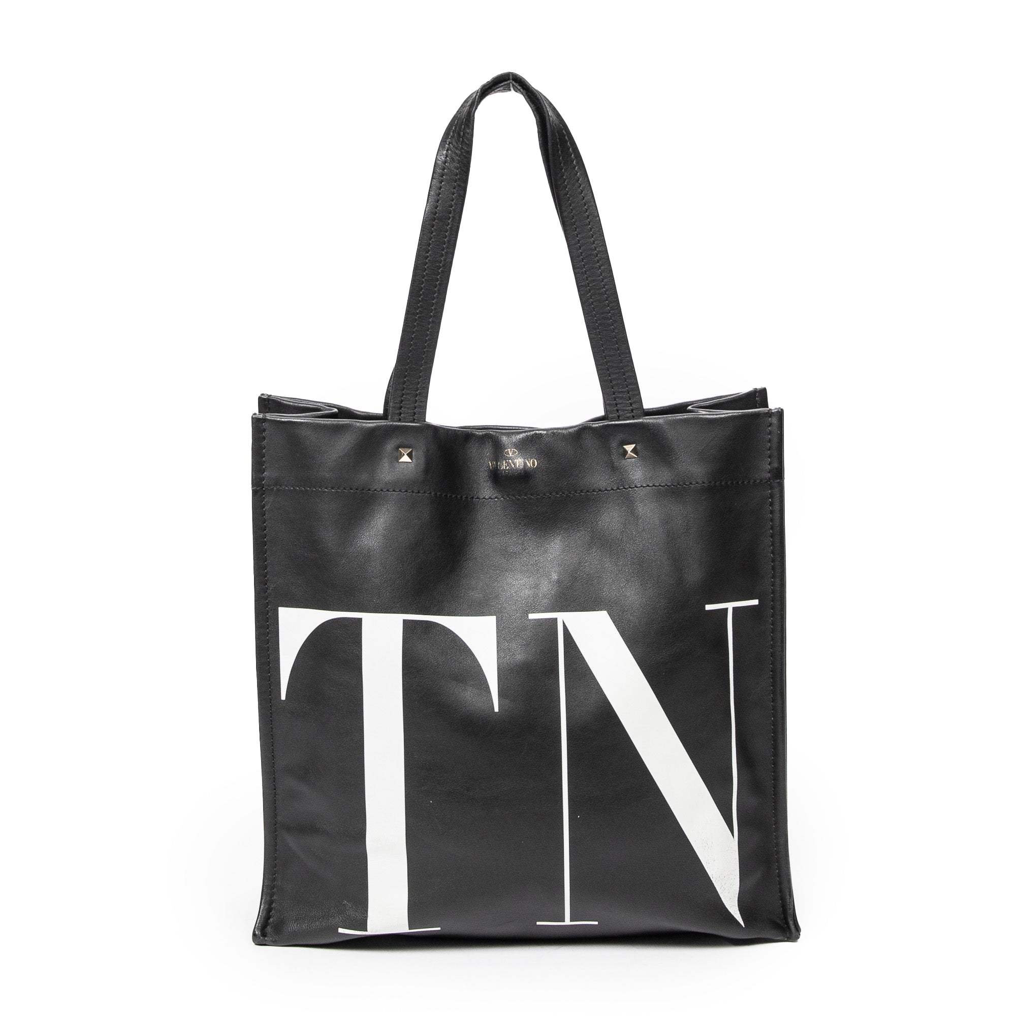 Shoulder Bag VLTN Turn Lock Vertical Tote Black Logo Print Calfskin Leather