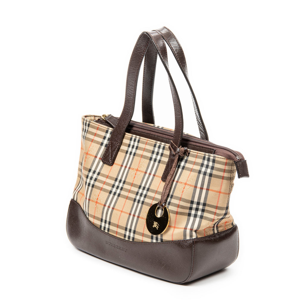 Handbag Small Zip Shopping Tote Beige Haymarket Check Canvas