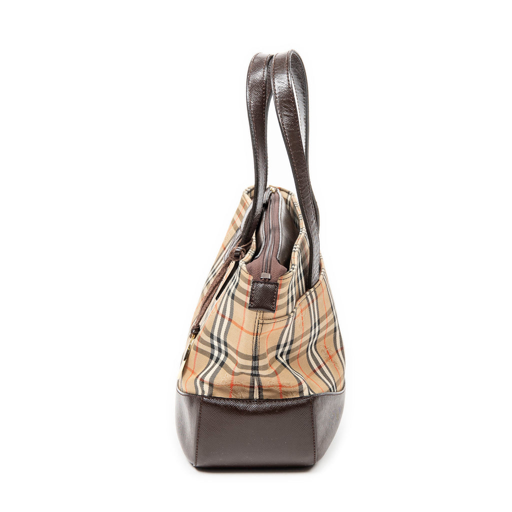 Handbag Small Zip Shopping Tote Beige Haymarket Check Canvas