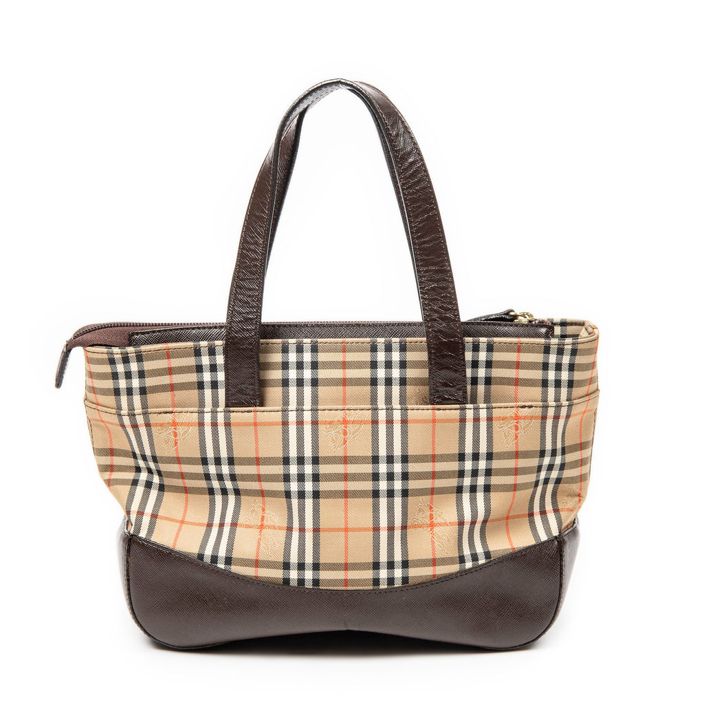 Handbag Small Zip Shopping Tote Beige Haymarket Check Canvas