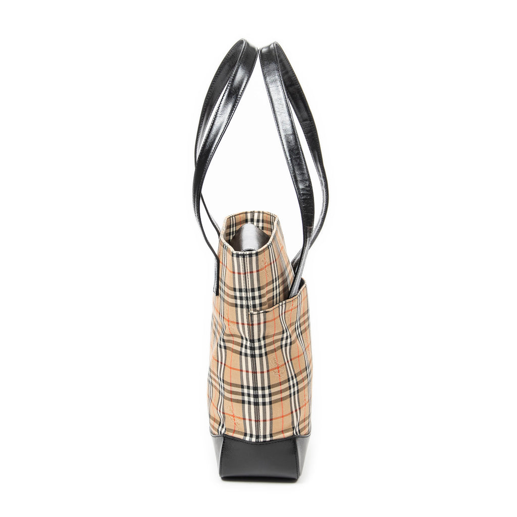 Bolso al Hombro Vertical Tote Lona Haymarket Check Beige