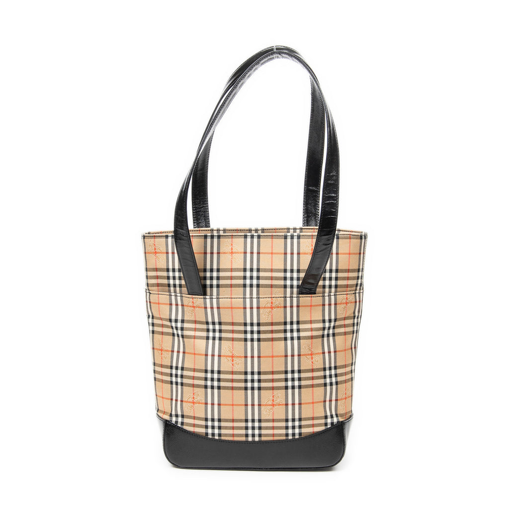 Bolso al Hombro Vertical Tote Lona Haymarket Check Beige