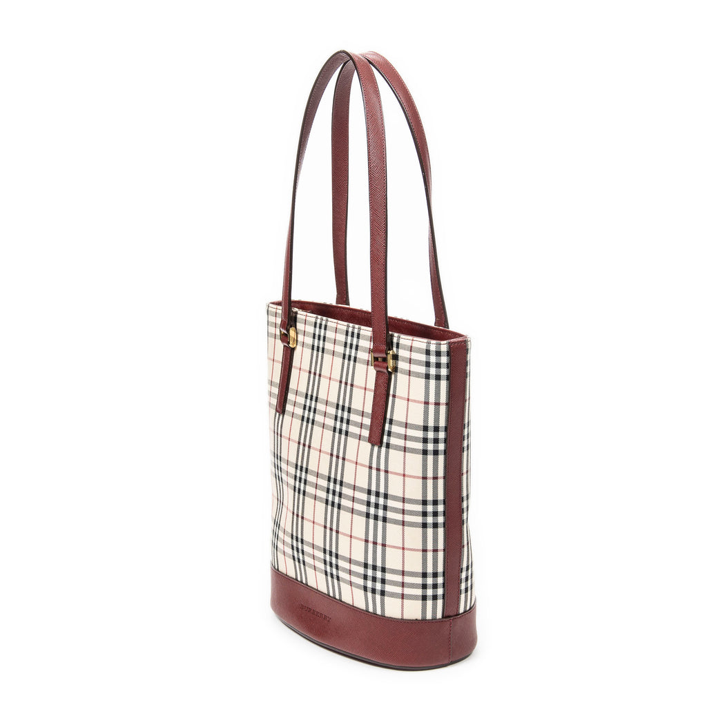 Shoulder Bag Zip Bucket Tote Beige Nova Check Coated Canvas
