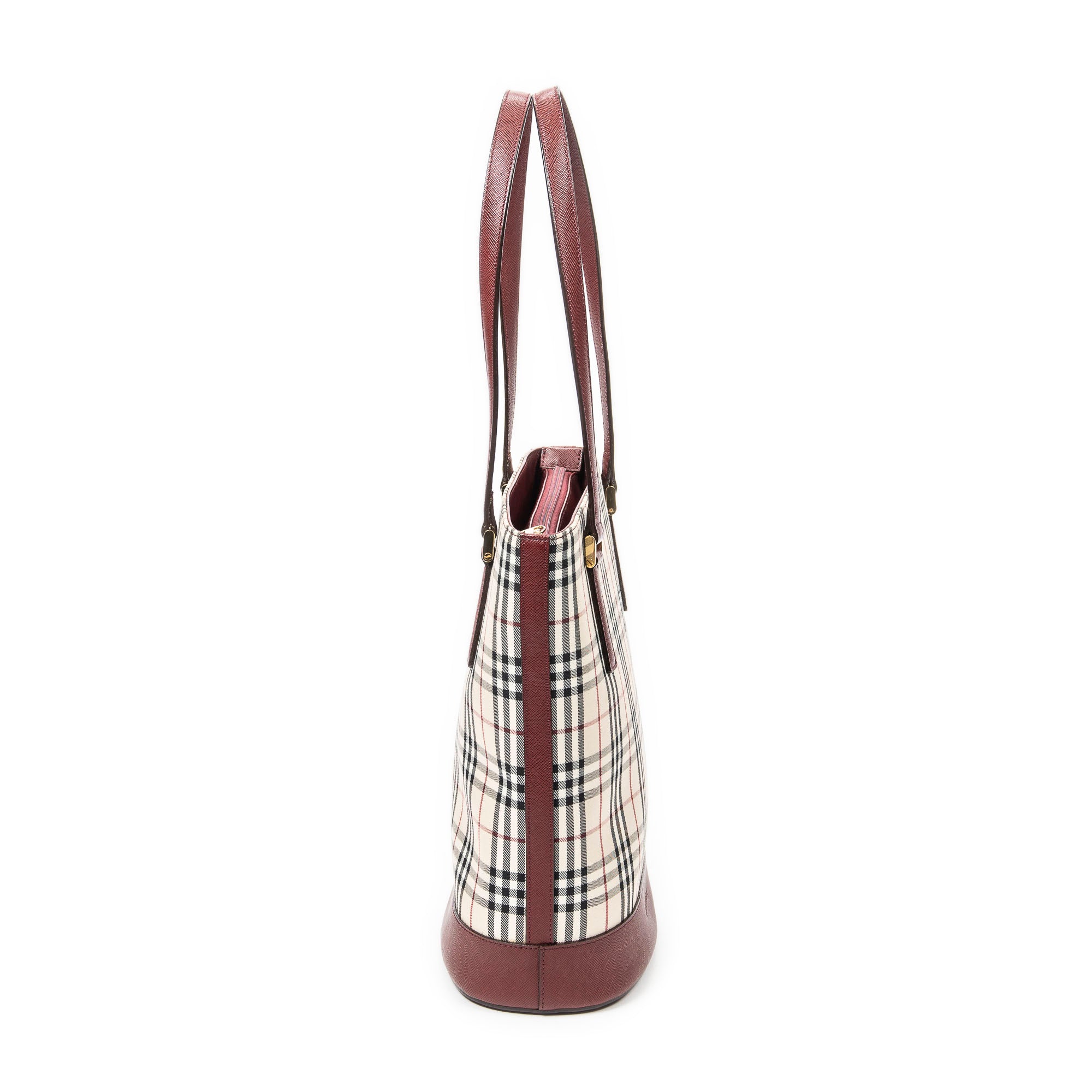 Shoulder Bag Zip Bucket Tote Beige Nova Check Coated Canvas