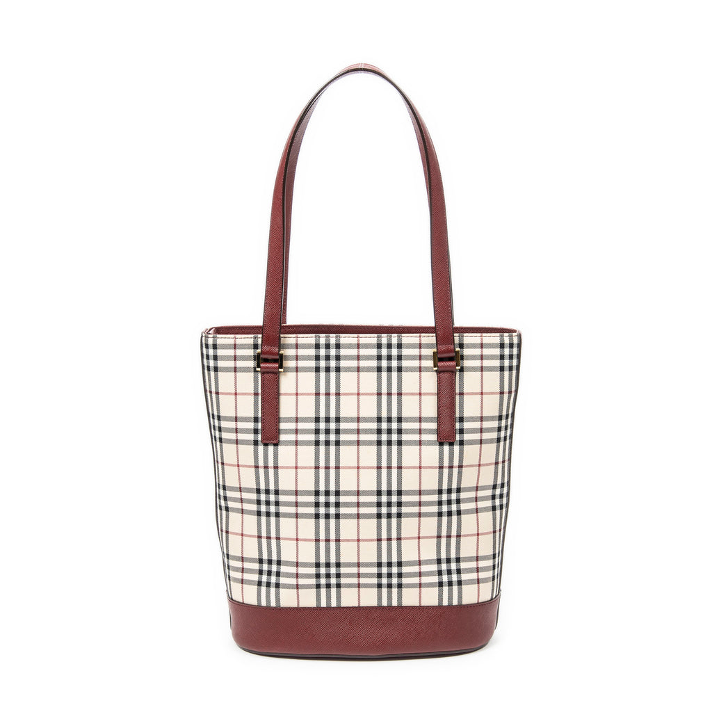 Shoulder Bag Zip Bucket Tote Beige Nova Check Coated Canvas