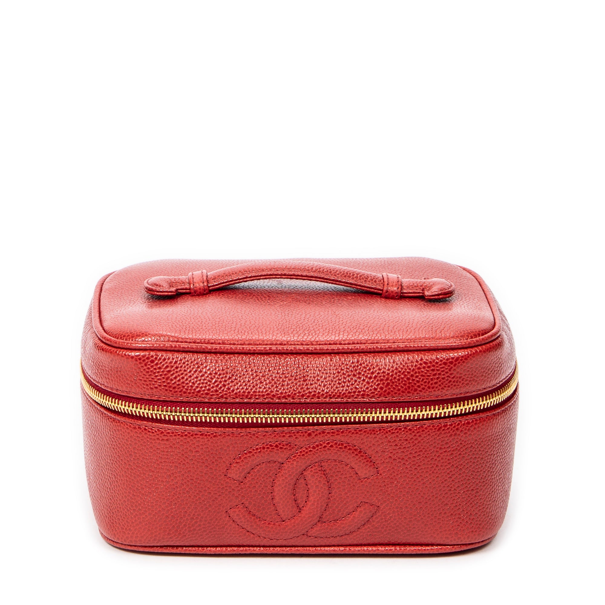 Bolso de mano CC Estuche corto de tocador de cuero de caviar rojo