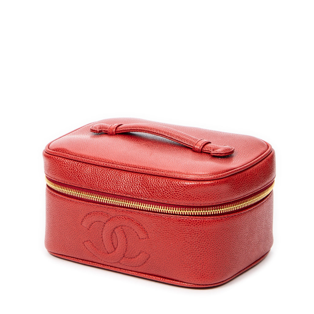 Bolso de mano CC Estuche corto de tocador de cuero de caviar rojo