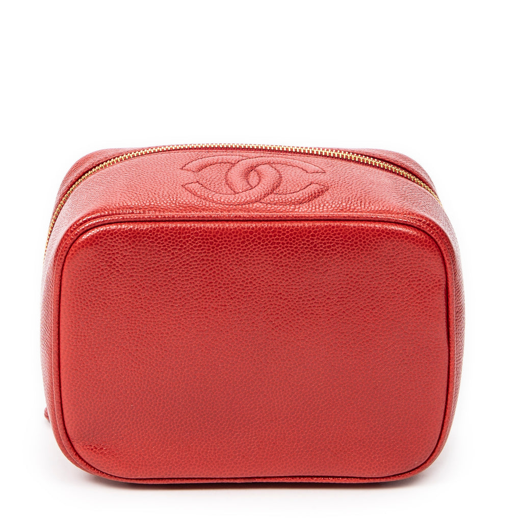 Bolso de mano CC Estuche corto de tocador de cuero de caviar rojo
