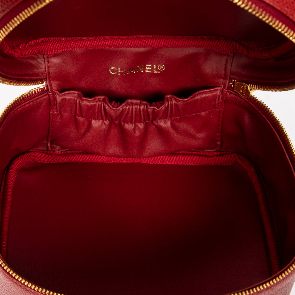 Bolso de mano CC Estuche corto de tocador de cuero de caviar rojo
