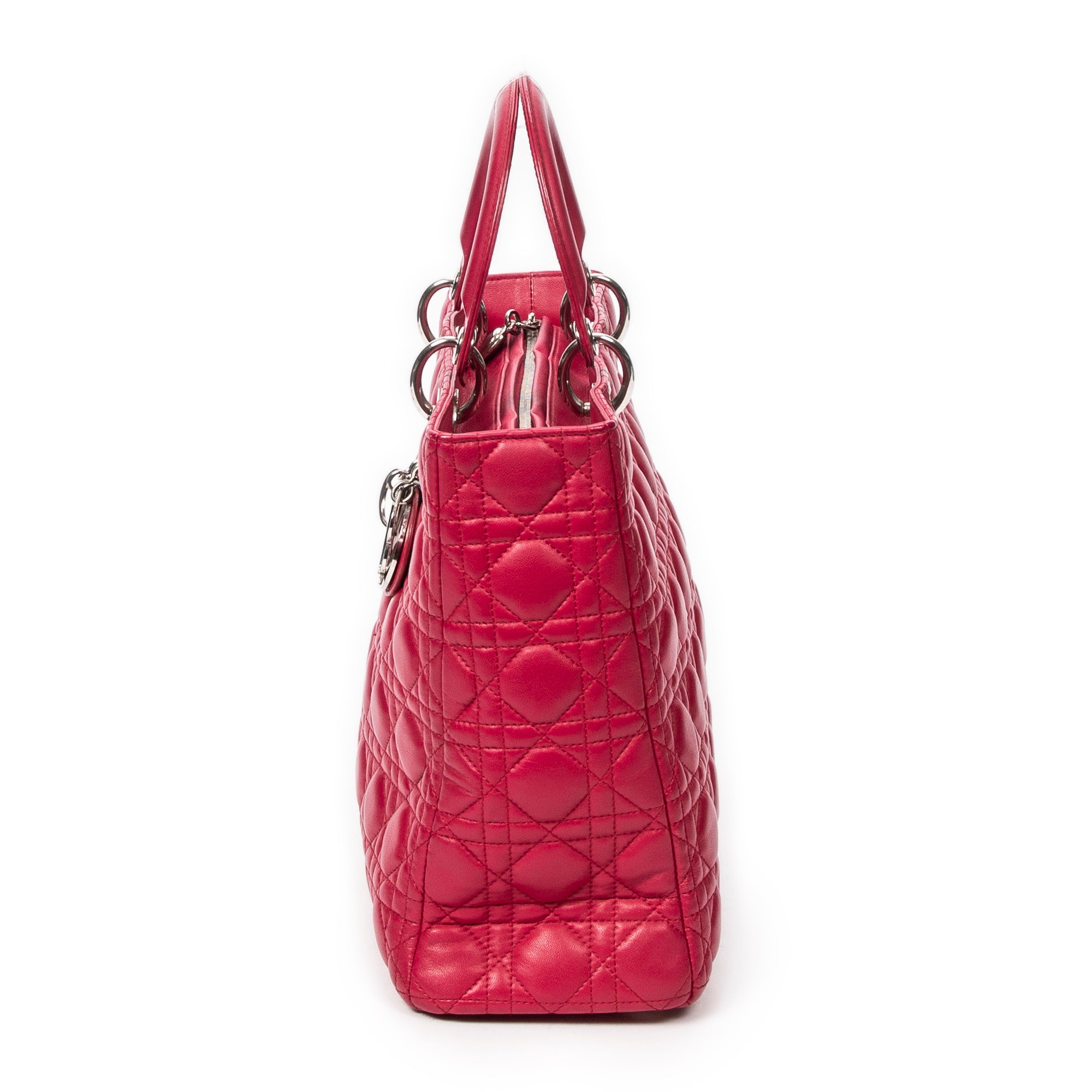 Bolso de hombro grande Lady Dior con cremallera en piel de cordero Cannage fucsia intenso