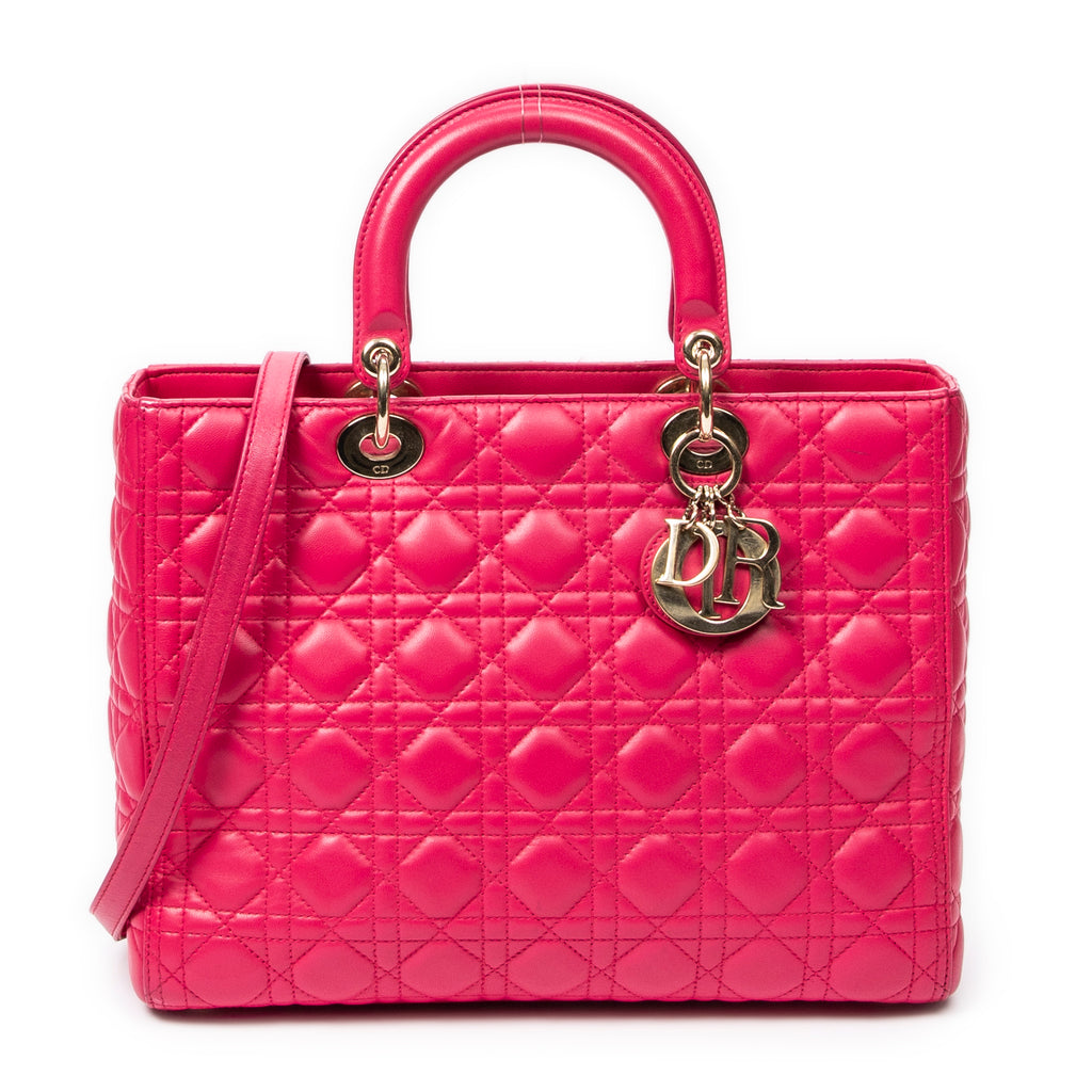 Sac bandoulière grand modèle Lady Dior zippé en cuir d'agneau Cannage fuchsia