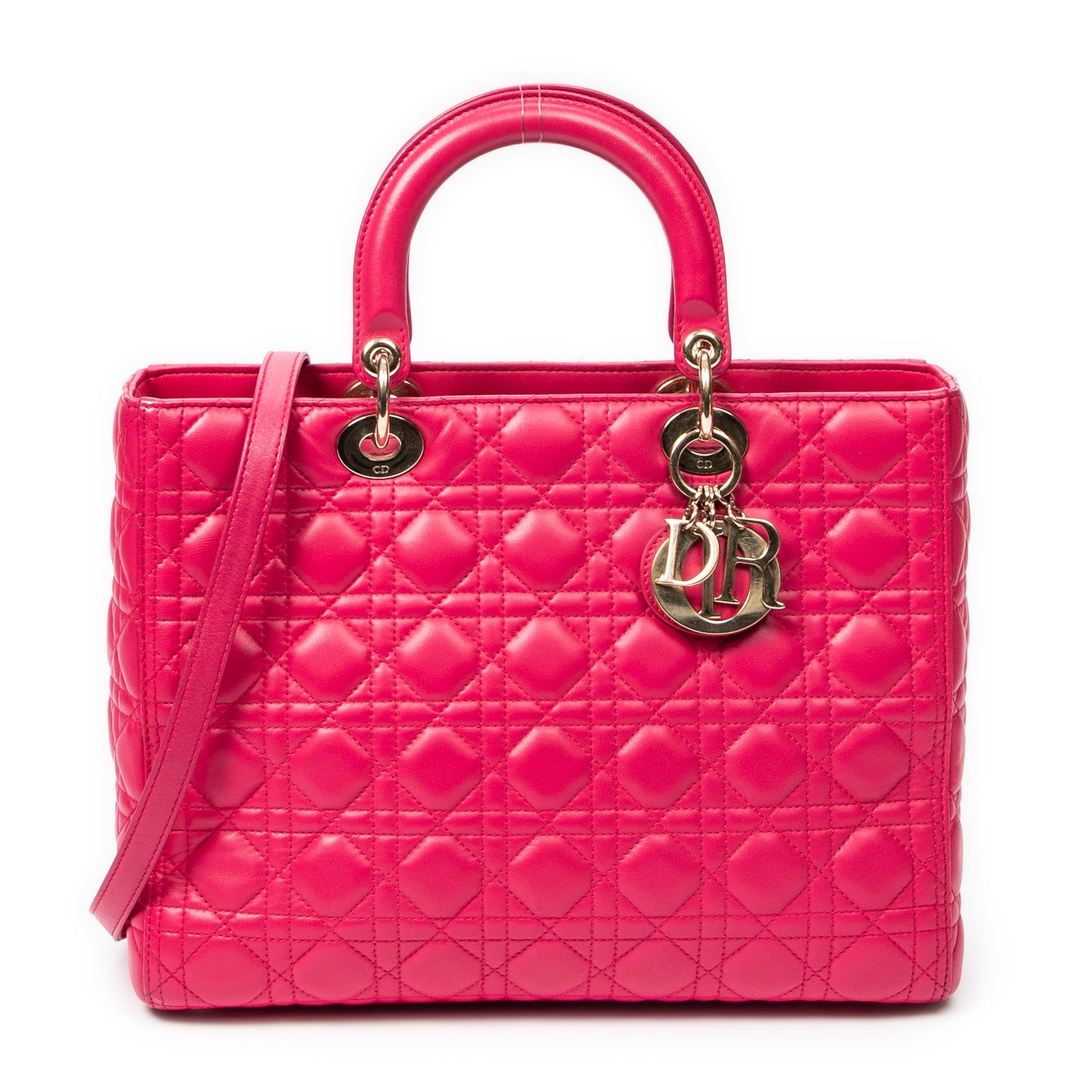 Sac bandoulière grand modèle Lady Dior zippé en cuir d'agneau Cannage fuchsia