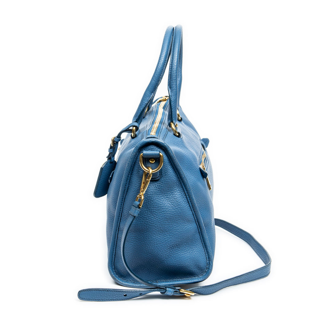 Shoulder Bag Zip Tote Blue Grained Leather