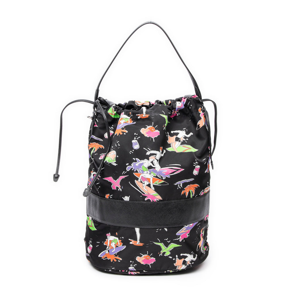 Shoulder Bag Large Drawstring Bucket Black Surfer Print Nylon Canvas
