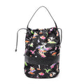 Shoulder Bag Large Drawstring Bucket Black Surfer Print Nylon Canvas