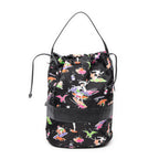 Shoulder Bag Large Drawstring Bucket Black Surfer Print Nylon Canvas