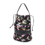 Shoulder Bag Large Drawstring Bucket Black Surfer Print Nylon Canvas