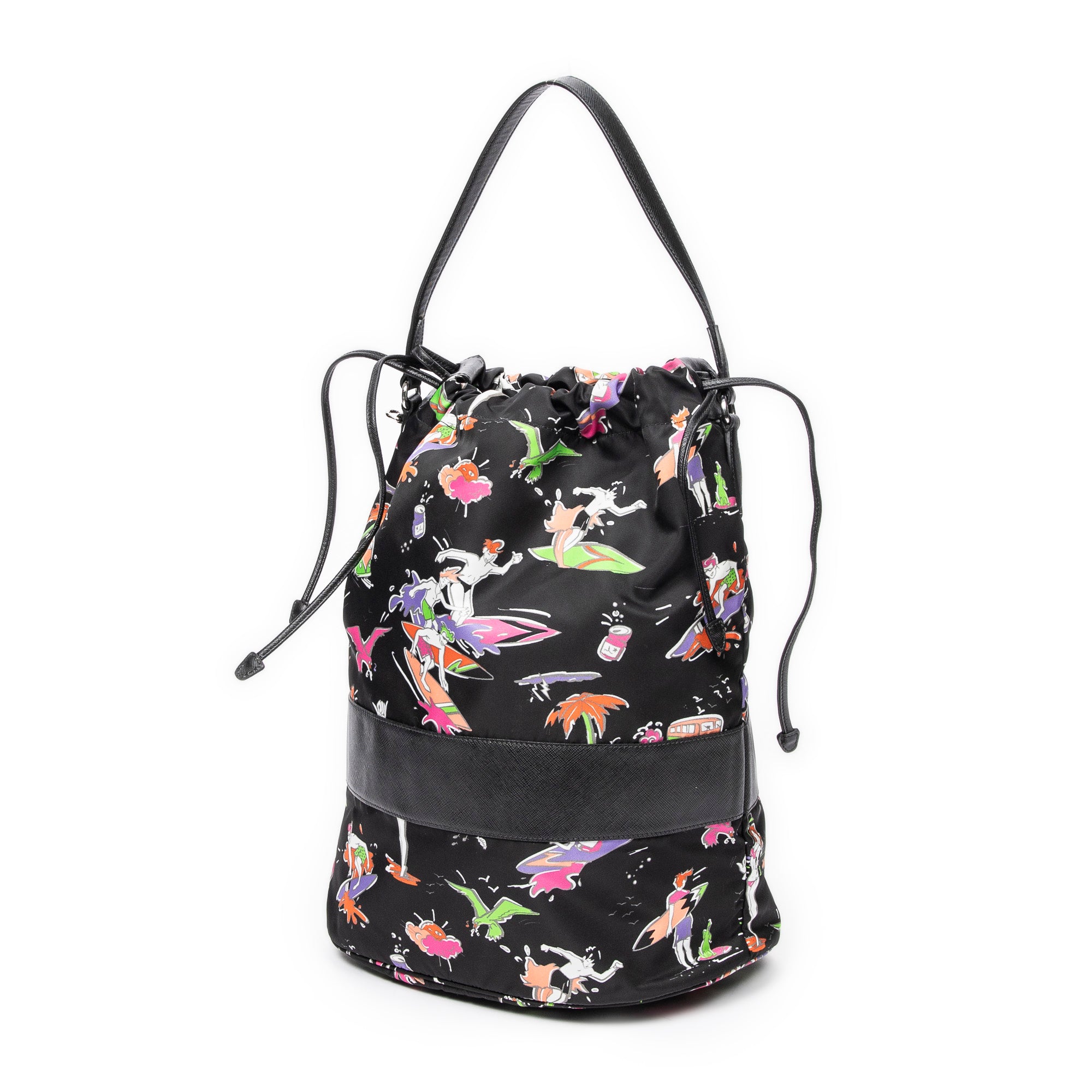 Shoulder Bag Large Drawstring Bucket Black Surfer Print Nylon Canvas
