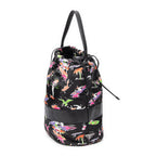 Shoulder Bag Large Drawstring Bucket Black Surfer Print Nylon Canvas