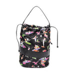 Shoulder Bag Large Drawstring Bucket Black Surfer Print Nylon Canvas