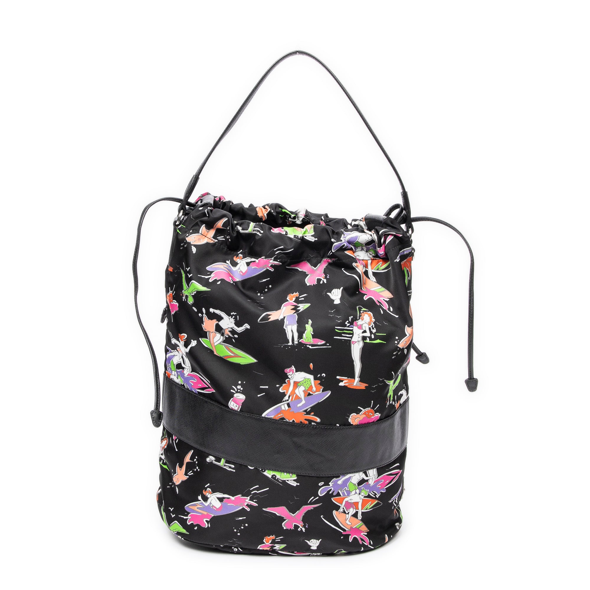 Shoulder Bag Large Drawstring Bucket Black Surfer Print Nylon Canvas