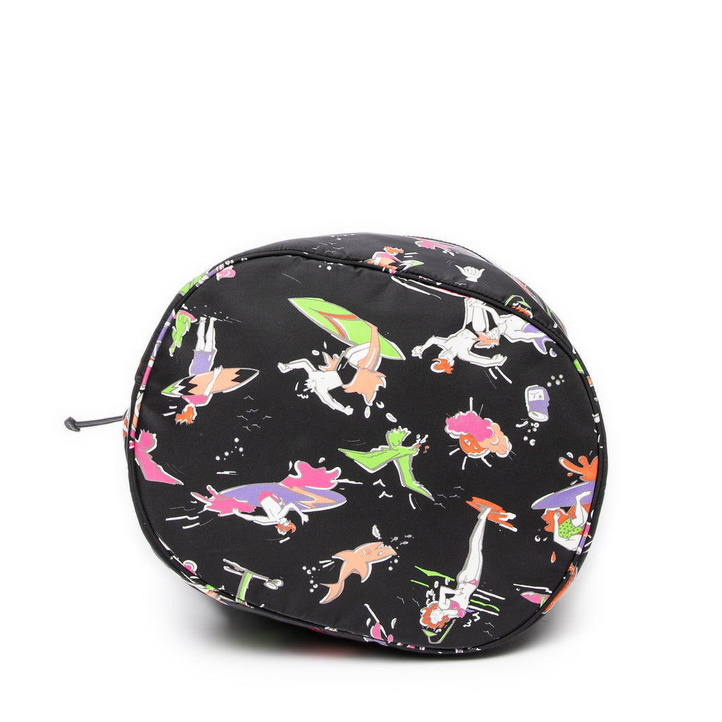 Shoulder Bag Large Drawstring Bucket Black Surfer Print Nylon Canvas