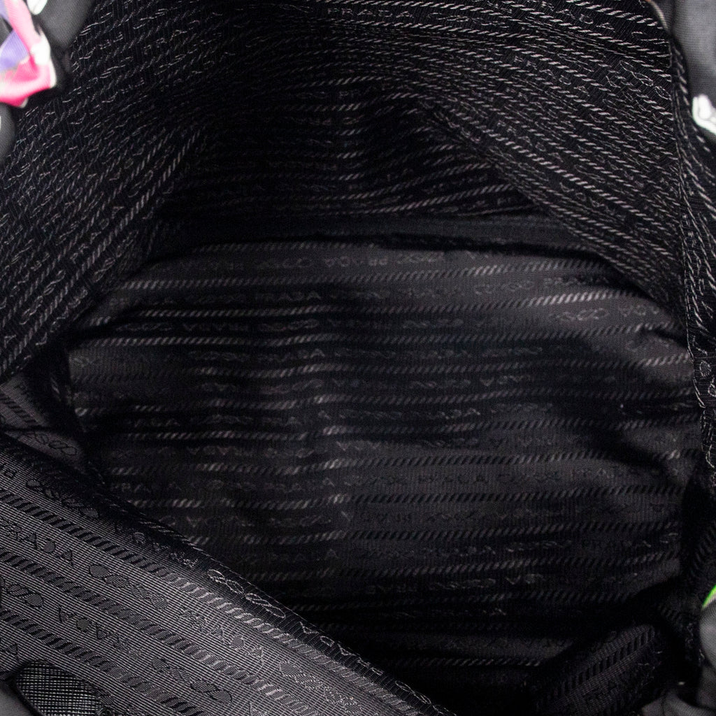 Shoulder Bag Large Drawstring Bucket Black Surfer Print Nylon Canvas