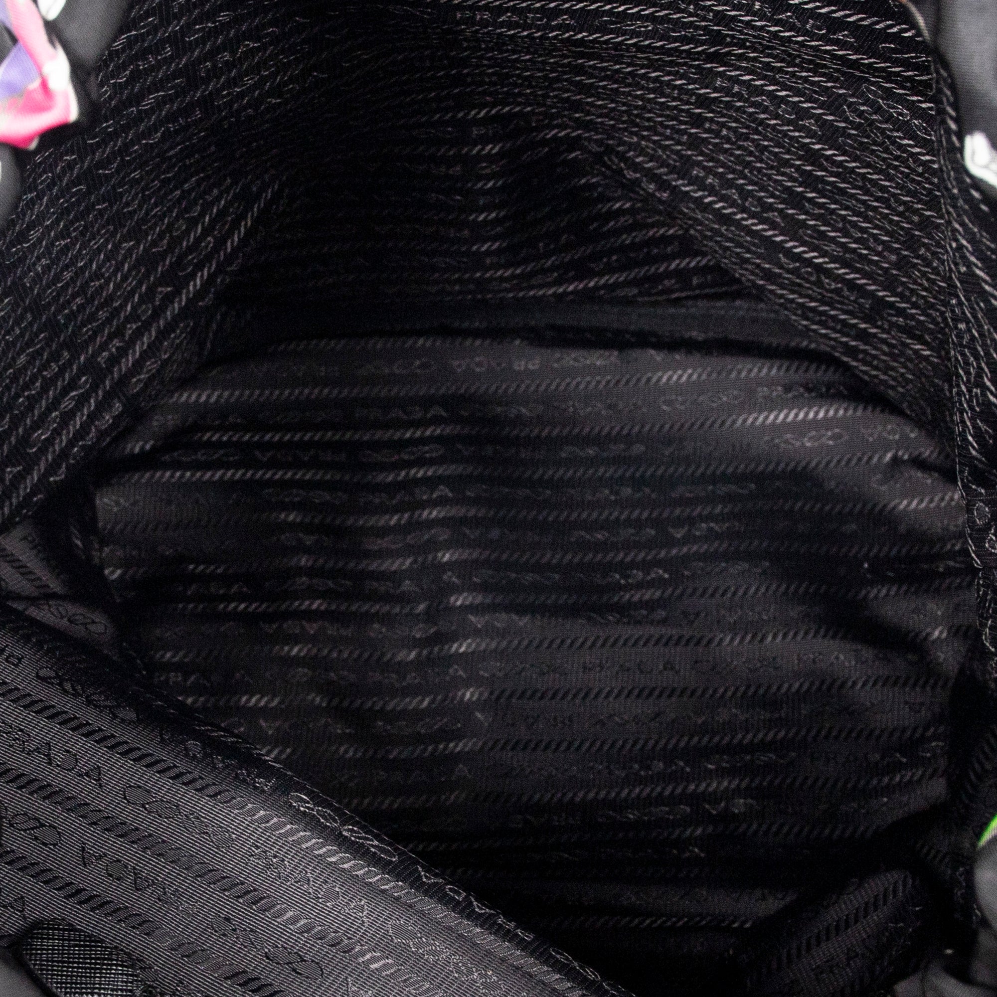Shoulder Bag Large Drawstring Bucket Black Surfer Print Nylon Canvas