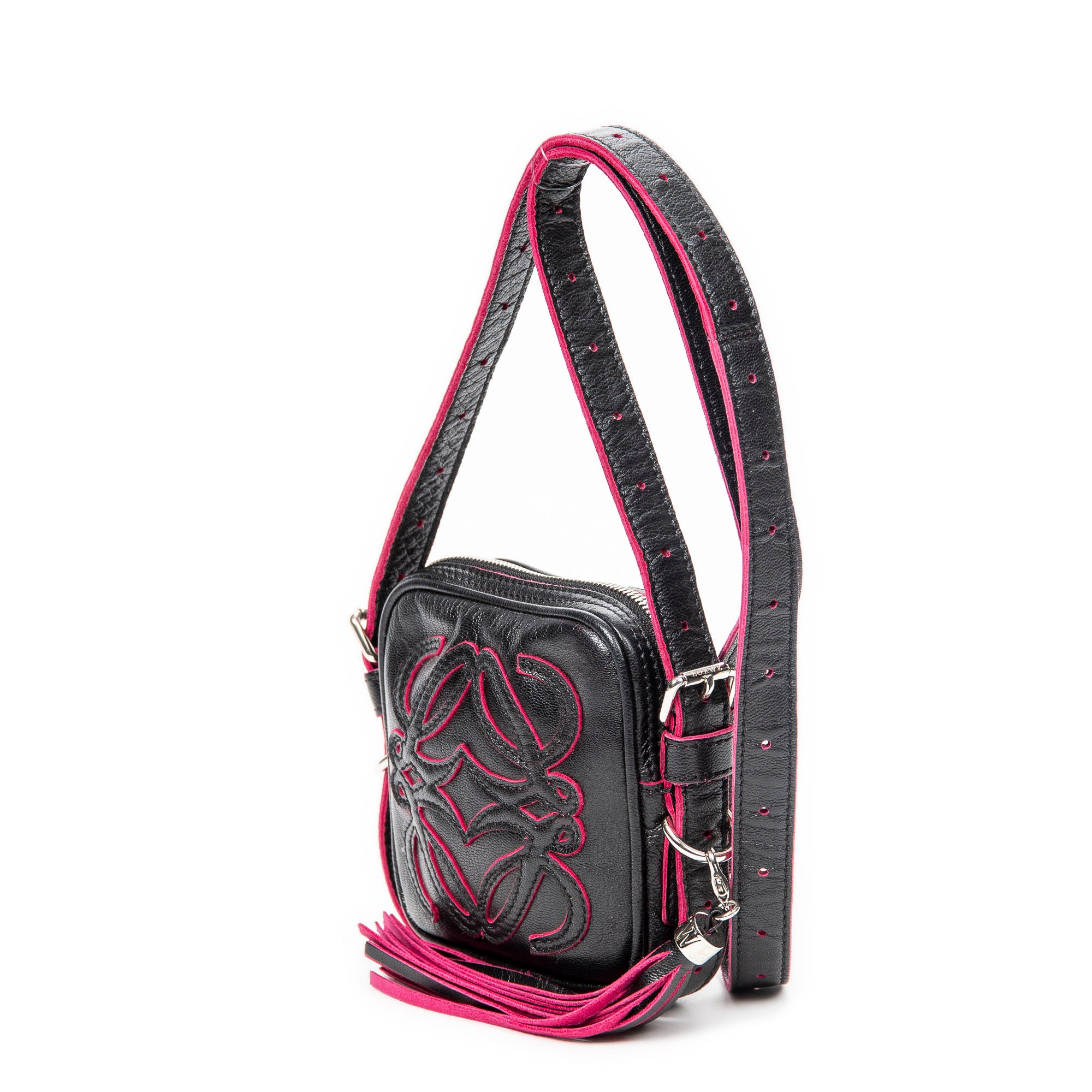Shoulder Bag Mini Anagram Tassel Crossbody Black Calfskin Leather