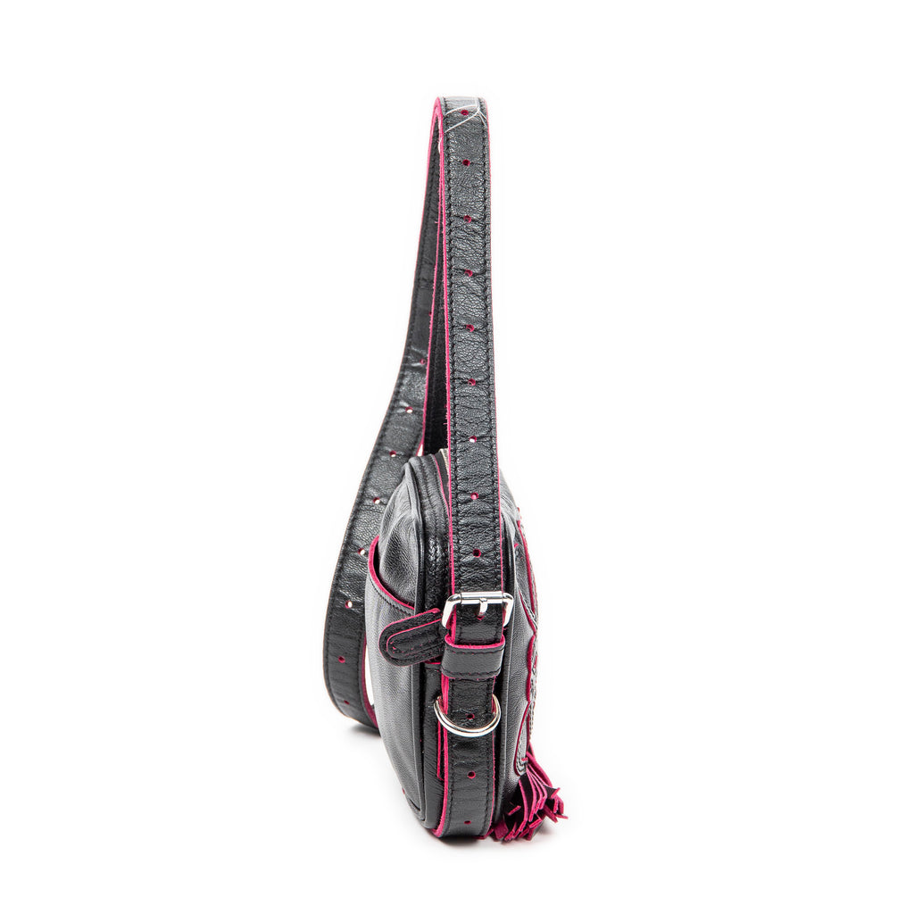 Bolso de Hombro Mini Anagrama Borla Cruzado Piel de Becerro Negra