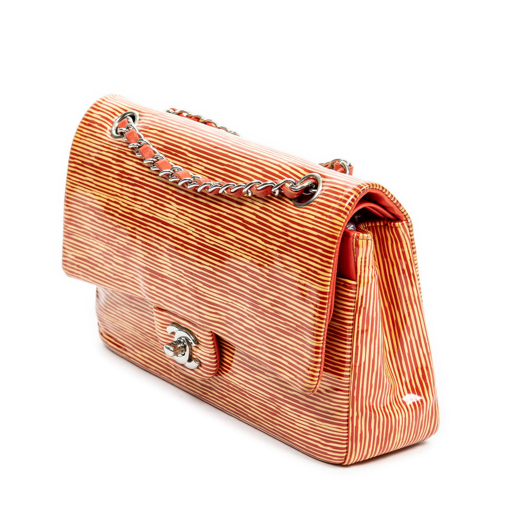 Shoulder Bag Striped Double Flap Yellow Striped Patent Leather