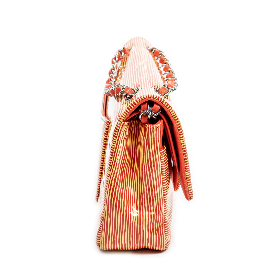 Shoulder Bag Striped Double Flap Yellow Striped Patent Leather
