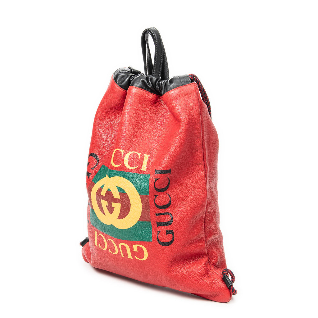 Backpack Logo Drawstring Backpack Red Grained Leather