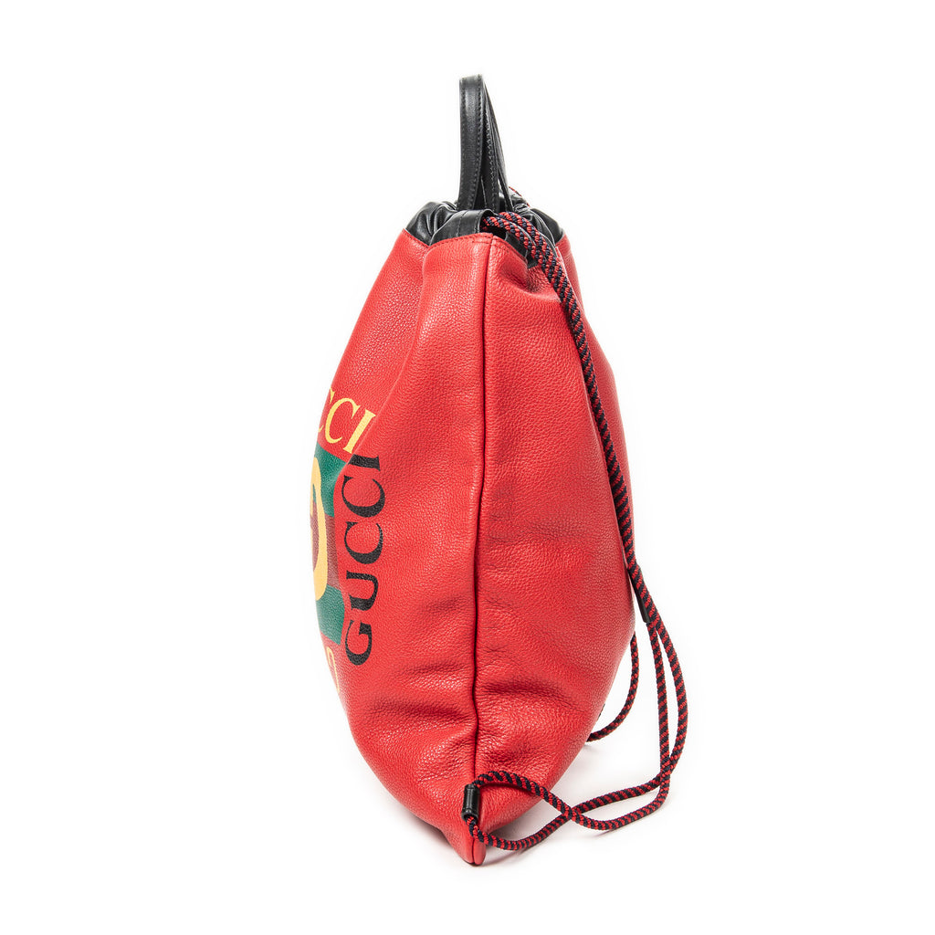 Backpack Logo Drawstring Backpack Red Grained Leather
