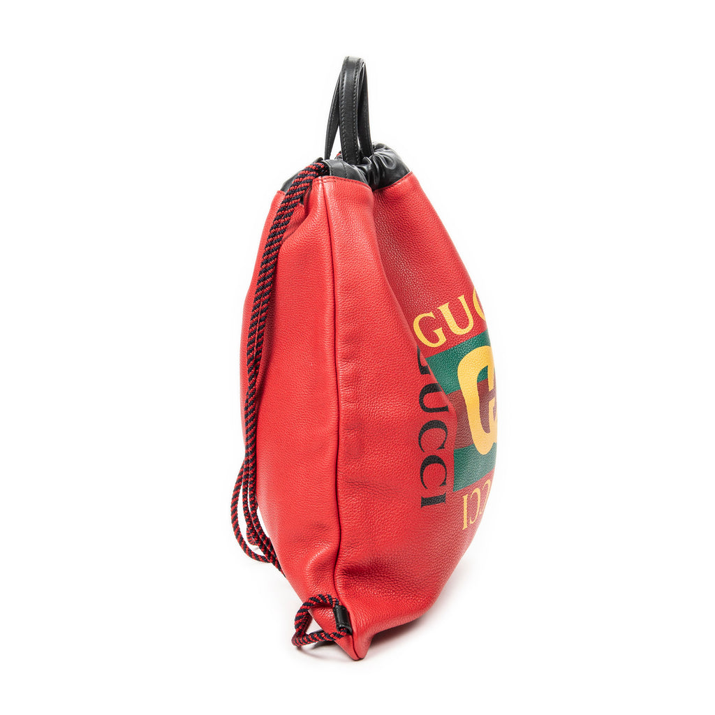 Backpack Logo Drawstring Backpack Red Grained Leather