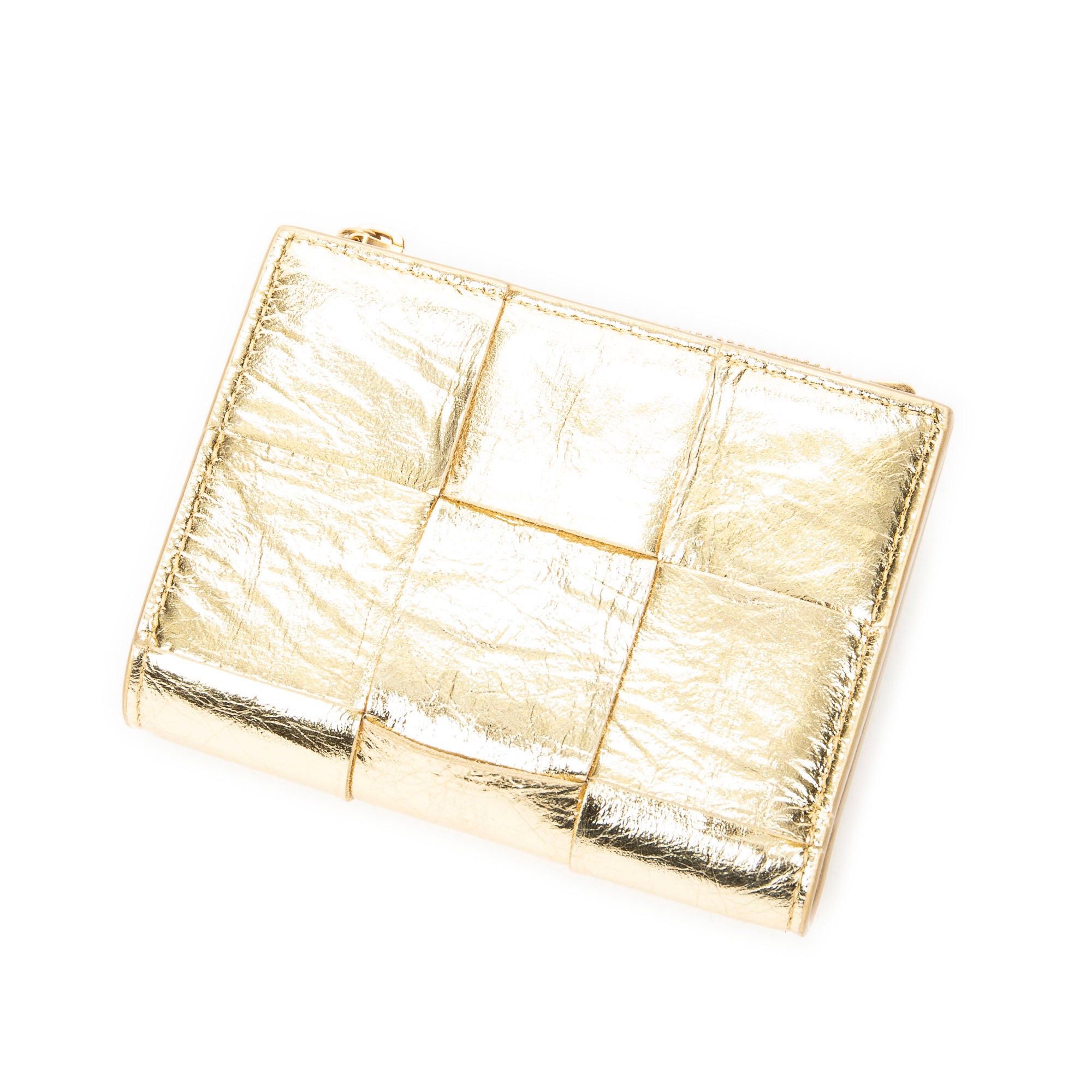 Monedero Cassette pequeño con cremallera plegable de cuero Intrecciato dorado