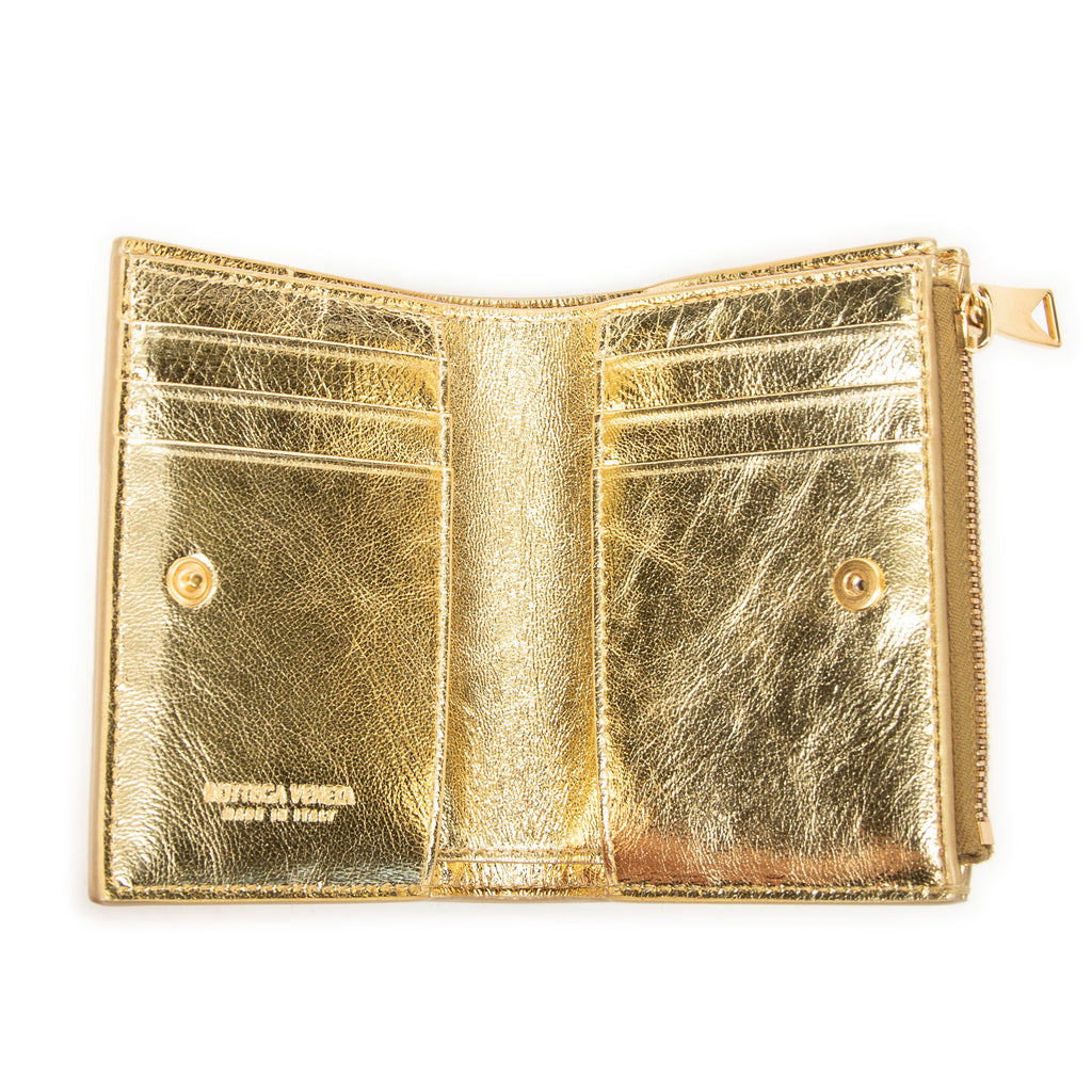 Monedero Cassette pequeño con cremallera plegable de cuero Intrecciato dorado