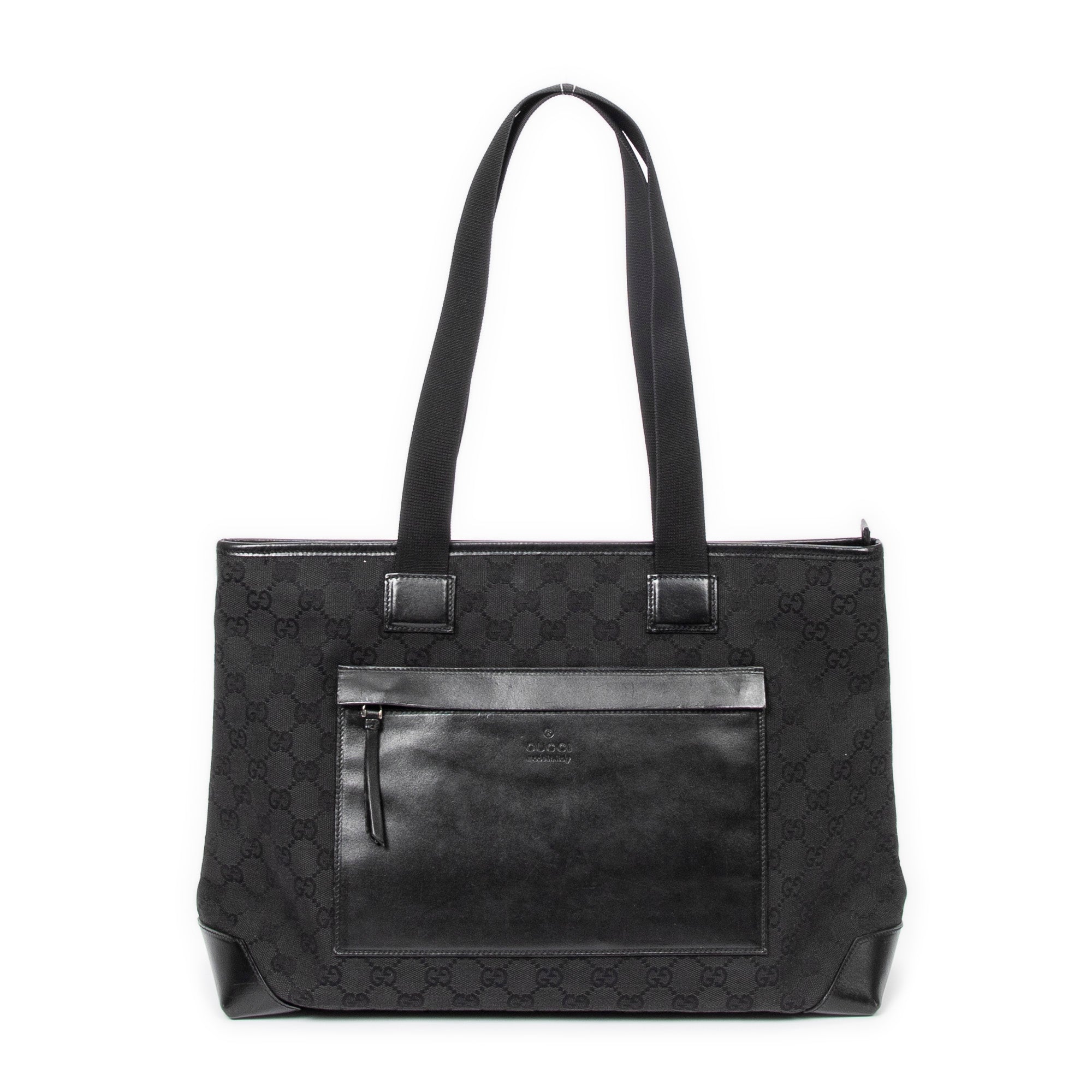 Shoulder Bag Front Pocket Tote Black Monogrammed Canvas
