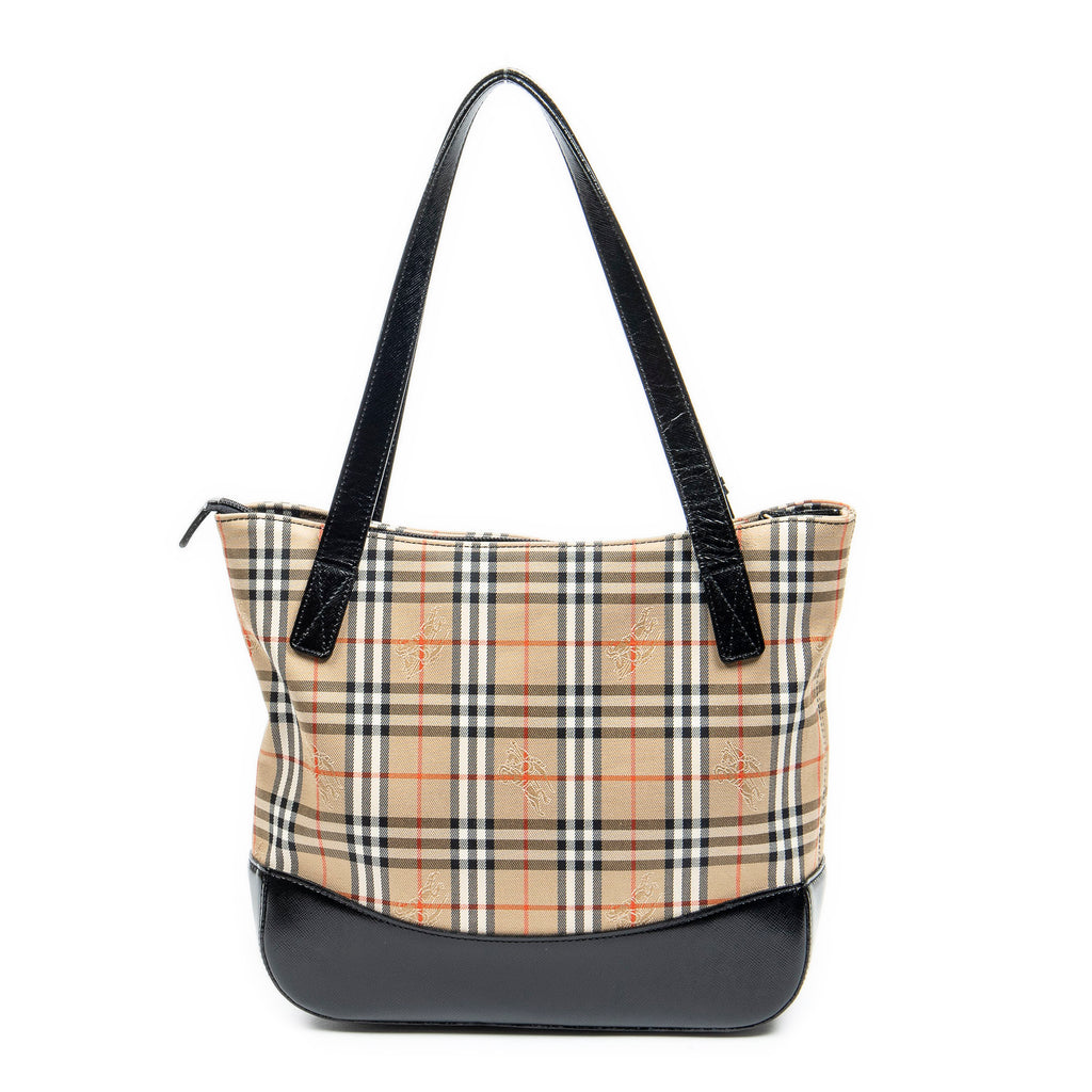 Bolso de hombro Burberrys Small Charm Tote Lona Beige Cuadros Haymarket