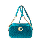 Bandolera pequeña GG Marmont con cadena, verde azulado, terciopelo Marmont Canvas