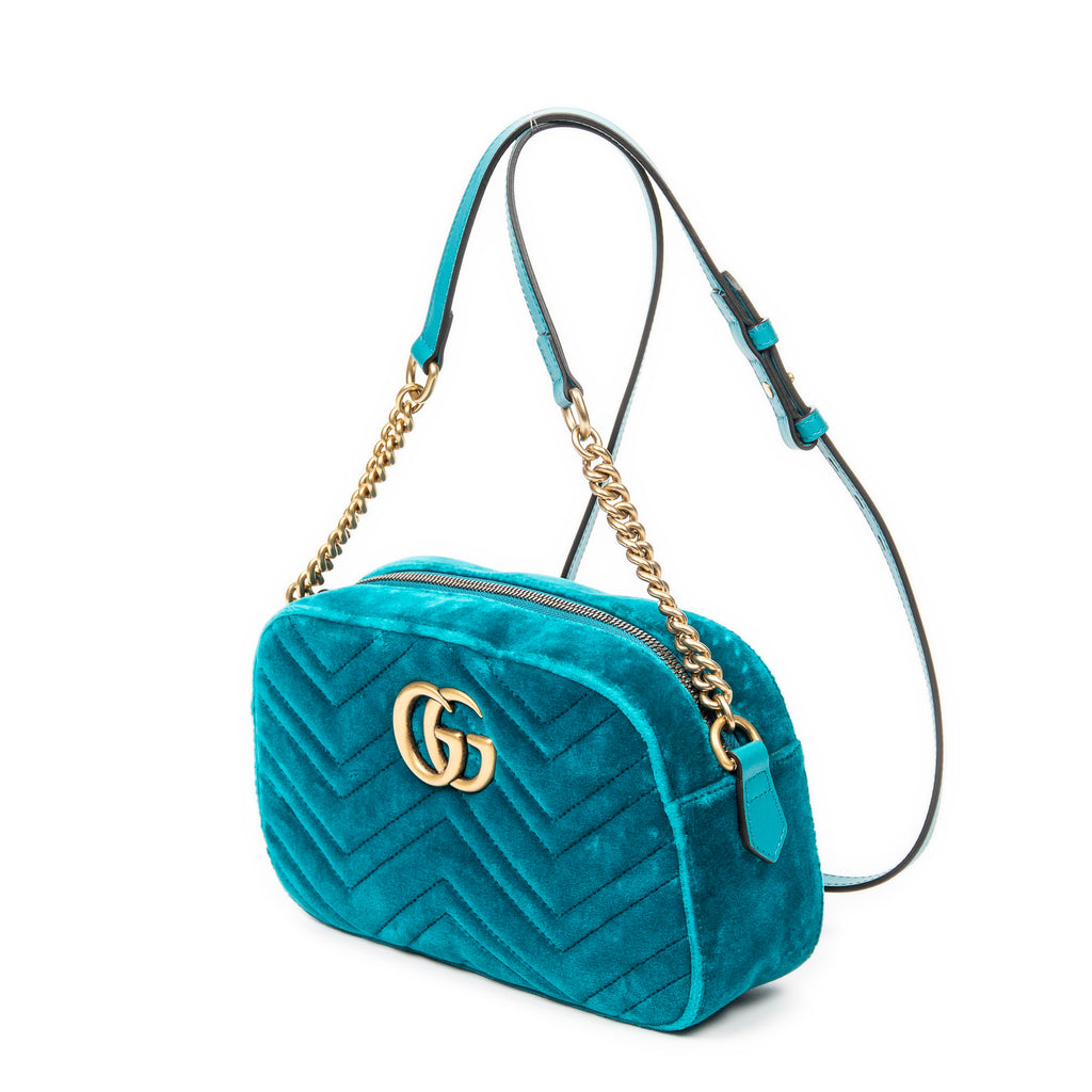Bandolera pequeña GG Marmont con cadena, verde azulado, terciopelo Marmont Canvas