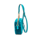 Bandolera pequeña GG Marmont con cadena, verde azulado, terciopelo Marmont Canvas