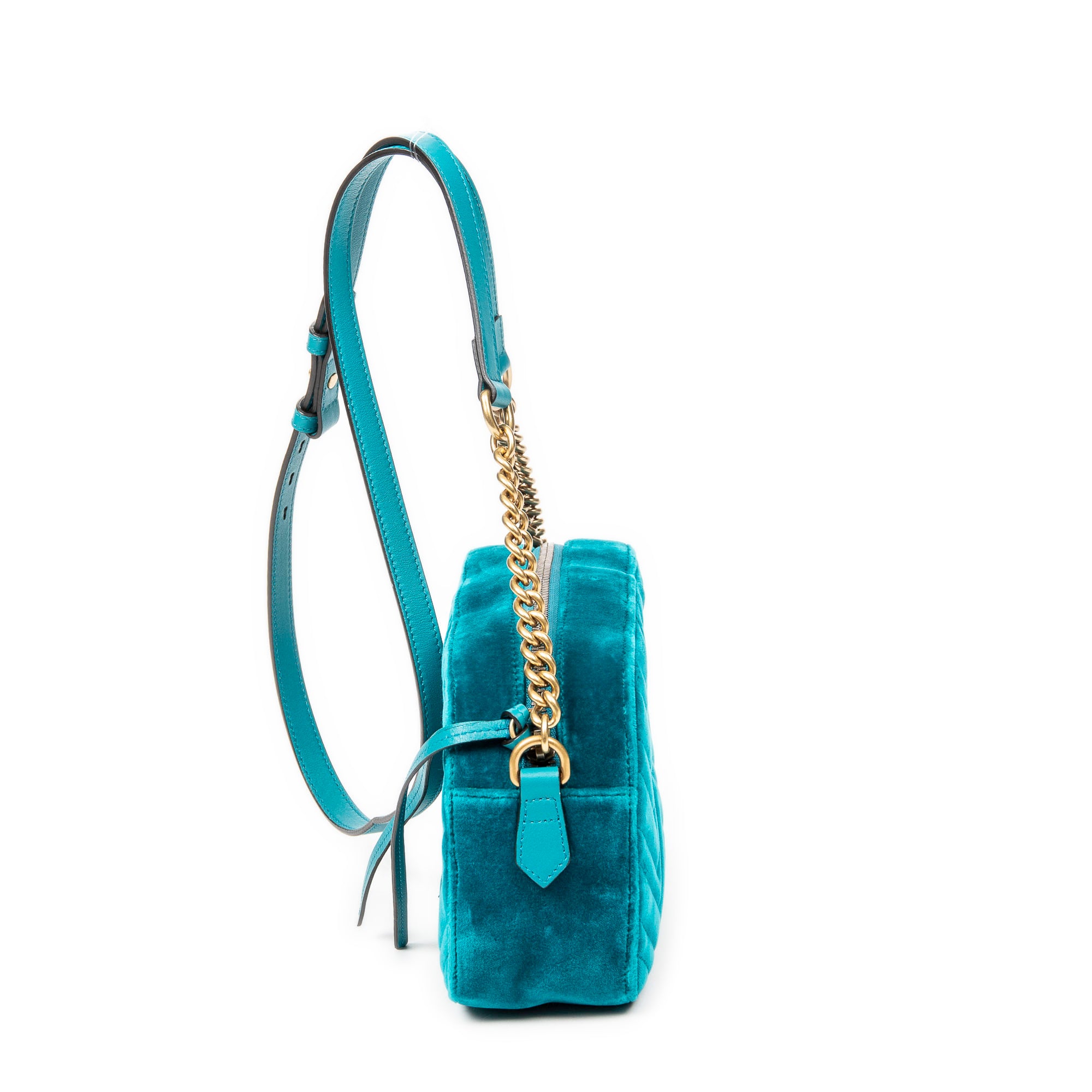 Bandolera pequeña GG Marmont con cadena, verde azulado, terciopelo Marmont Canvas