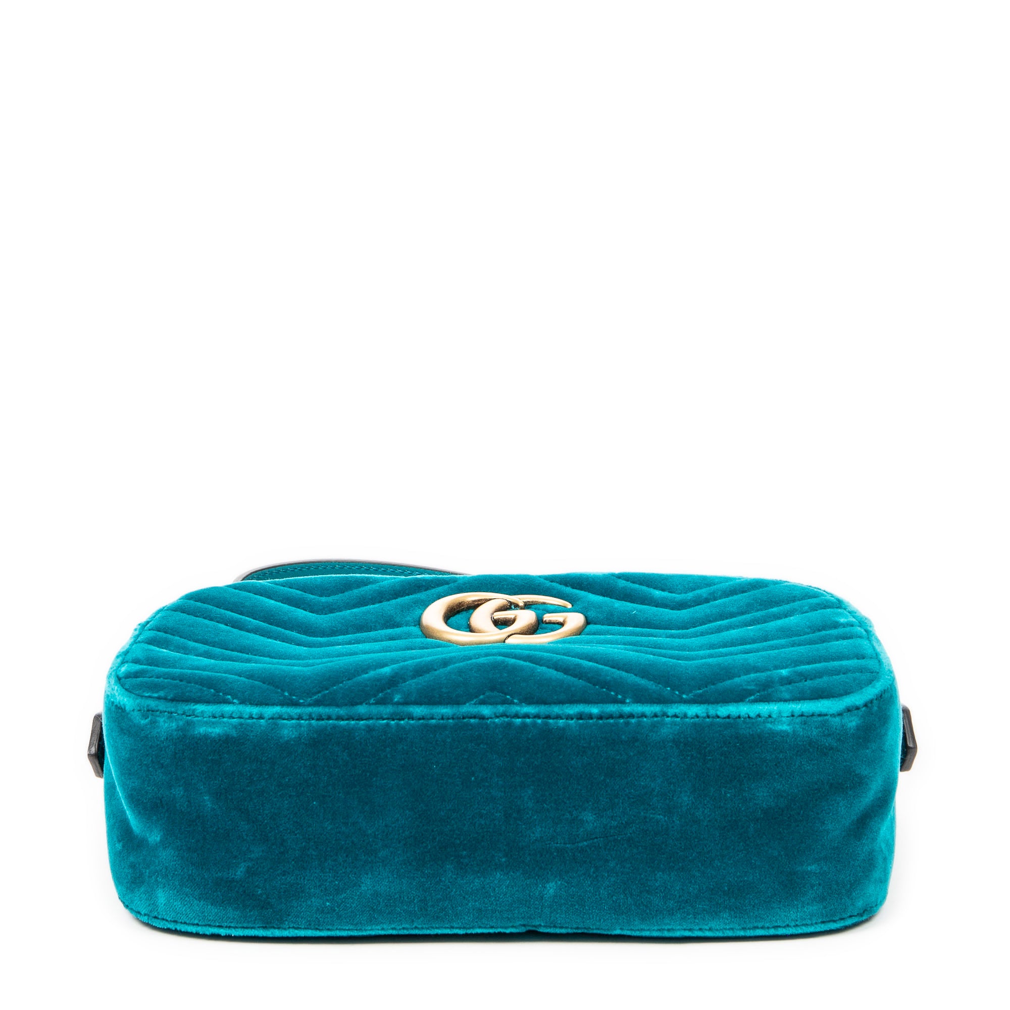 Bandolera pequeña GG Marmont con cadena, verde azulado, terciopelo Marmont Canvas